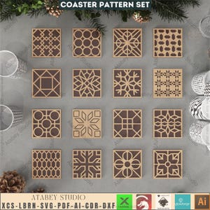 May include: A set of sixteen square coasters with various geometric patterns. The coasters are made of light brown wood with dark brown designs. The text "COASTER PATTERN SET" is at the top. The bottom of the image has the text "ATABEY STUDIO" and file type information.