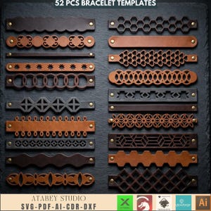 May include: An assortment of 52 leather bracelet templates in various designs, including geometric patterns, cut-out shapes, and solid bands. The bracelets are in shades of brown and black, with brass rivets. Text at the top reads "52 PCS BRACELET TEMPLATES".