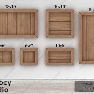 May include: Six wooden boxes of different sizes, with dimensions labeled in inches. The boxes are arranged in a grid pattern on a white background. The boxes are made of natural wood with a light brown finish. The text "Atabey studio" and "SVG-AI-DXF CDR-PDF FILES READY EASY LASER CUT FILES" is visible at the bottom of the image.
