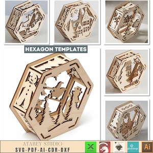 Könnte beinhalten: Eine Sammlung von lasergeschnittenen Holz-Hexagon-Vorlagen mit winterlichen Urlaubsmotiven. Die Designs zeigen einen Lebkuchenmann, ein Haus, einen Schneemann und einen Rentierschlitten. Der Text "HEXAGON TEMPLATES" und "ATABEY STUDIO" sind sichtbar.