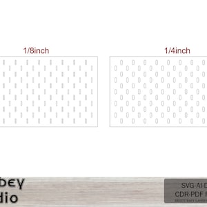 May include: Two digital designs for laser cutting, one with 1/8 inch holes and the other with 1/4 inch holes. The designs are a repeating pattern of small circles.