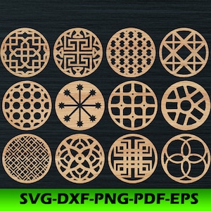 Coasters redondos grill trivet modelos vetor digital svg dxf arquivos download instantâneo glowforge corte a laser plasma cricut maker 14