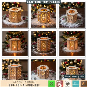 Może przedstawiać: Szablony drewnianych lampionów z geometrycznymi wycięciami. Lampiony są sześciokątne z otwartymi górnymi częściami i skomplikowanymi wzorami. Obraz zawiera tekst "LANTERN TEMPLATES" i "ATABEY STUDIO SVG-PDF-AI-CDR-DXF".