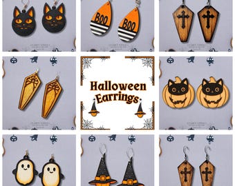 May include: A collection of Halloween-themed earrings. Designs include black cat faces, orange teardrops with "BOO" text, wooden crosses, coffins, jack-o'-lanterns with black cat faces, ghosts, and witch hats with orange pumpkins.