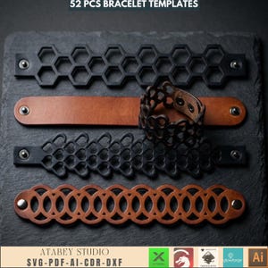 May include: An assortment of bracelet templates in various designs and materials. The image displays several bracelets, including black laser-cut designs and brown leather options. The text "52 PCS BRACELET TEMPLATES" is at the top.