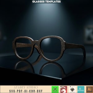 May include: A pair of wooden-framed eyeglasses with a dark brown finish. The glasses have a rounded shape and thick frames. The image includes the text "GLASSES TEMPLATES" at the top and "ATABEY STUDIO SVG-PDF-AI-CDR-DXF" at the bottom.