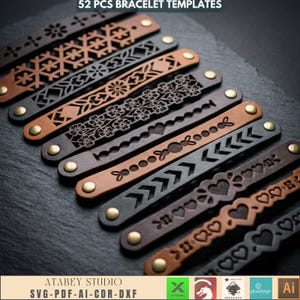 May include: An assortment of leather bracelet templates in various colors, including brown and black. Each bracelet features unique cut-out designs, such as floral patterns, hearts, and geometric shapes. The text "52 PCS BRACELET TEMPLATES" is at the top.