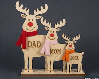 Personalized Reindeer Family Laser Cut Design, Freestanding Christmas Deer Decor, Custom Name Tabletop Sign 970