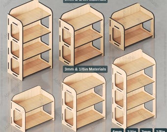 May include: Five different sizes of laser cut wooden shelf stands. The stands are made of 6mm and 1/4 inch or 3mm and 1/8 inch materials. The stands are all the same design, but vary in size. The text "MULTI SIZE LASERCUT STANDS" is at the top of the image. The text "6mm & 1/4in Materials" is below the top text. The text "3mm & 1/8in Materials" is below the stands. The text "ATABEY STUDIO" is at the bottom of the image. The text "XCS-LBRN-SVG-PDF-AI-CDR-DXF" is below the studio name. The text "6mm 1/4in 3mm 1/8in" is below the studio name. The text "XTOOL INKSCAPE glowforge Ai" is below the studio name.