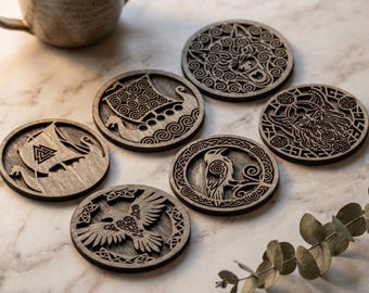 Viking Norse Coaster Laser Cut Files Raven Wolf Ship Celtic Wood Template 1021