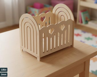 Cuna de muñeca cortada a láser SVG, cama de bebé en miniatura DXF, planos de cuna de juguete de madera, muebles de casa de muñecas DIY, archivo digital 950