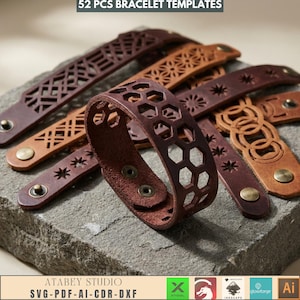 May include: A collection of leather bracelet templates in various designs and colors, including brown and tan. The bracelets feature cut-out patterns such as geometric shapes and floral designs. The image includes the text "52 PCS BRACELET TEMPLATES".