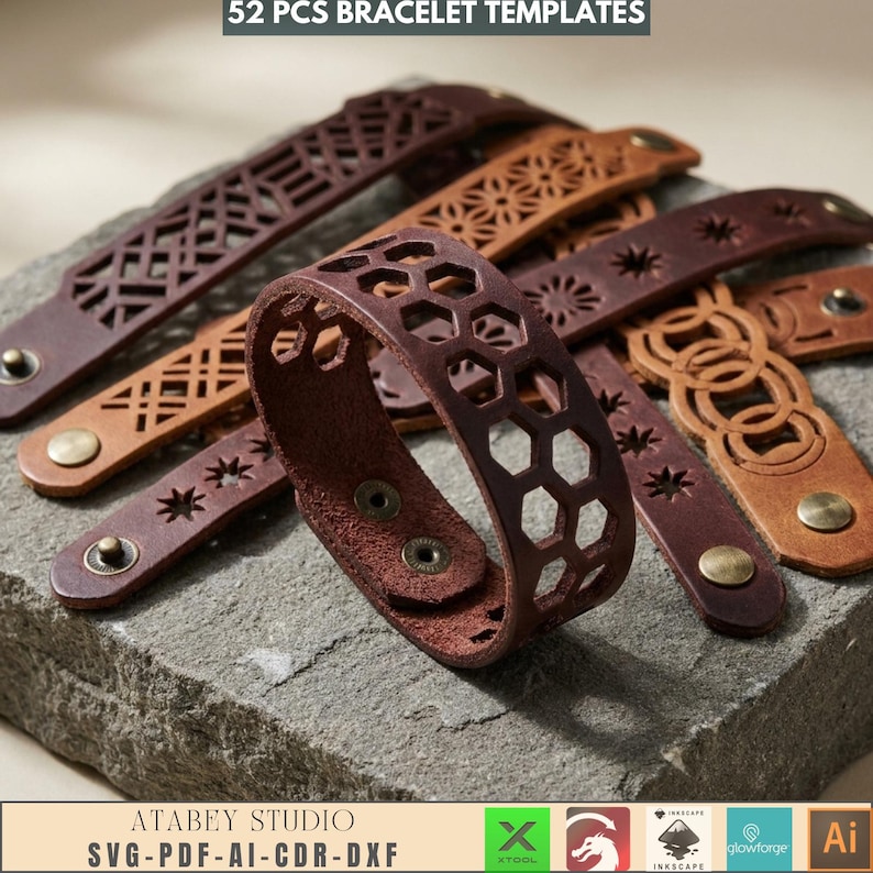 May include: A collection of leather bracelet templates in various designs and colors, including brown and tan. The bracelets feature cut-out patterns such as geometric shapes and floral designs. The image includes the text "52 PCS BRACELET TEMPLATES".