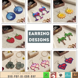 Puede incluir: Una colección de diseños de pendientes coloridos, incluyendo olas, copas de vino, soles, fresas, palmeras, hojas y corazones. La imagen incluye el texto "EARRING DESIGNS" y "ATABEY STUDIO SVG-PDF-AI-CDR-DXF".