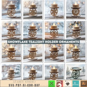 Könnte beinhalten: Eine Sammlung von hölzernen Schneeflocken-Teelichthalter-Ornamenten. Jedes Ornament hat einen runden Sockel, ein Schneeflocken-Design und eine obere Plattform, die eine batteriebetriebene Kerze hält. Der Text "SNOWFLAKE TEALIGHT HOLDER ORNAMENTS" wird angezeigt.