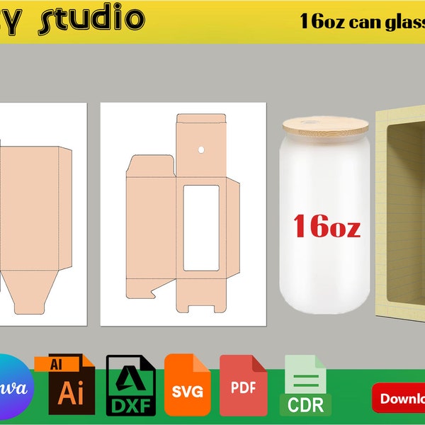 16oz Can Glass Box Template / Beer Can Glass Box Cut Files / Gift Box Template / Box with Lid template Svg Dxf Ai Cdr 511