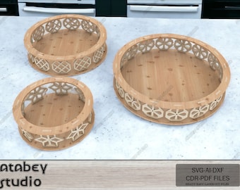 3 Sizes Round Decorative Tray Cutting File - Wooden Baskets Svg Cut Plans 152