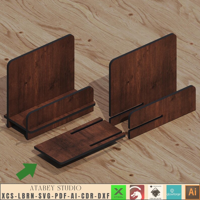 May include: A wooden phone stand with a dark brown finish. The stand is made of four pieces that fit together to create a phone holder. The stand is designed to hold a phone upright.