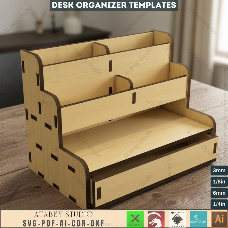 May include: A wooden desk organizer with multiple compartments and a drawer. The organizer is made of light-colored wood with dark brown accents. The text "DESK ORGANIZER TEMPLATES" is at the top. The organizer is approximately 12 inches wide.