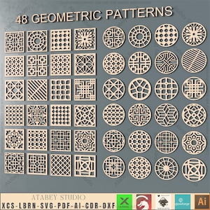 Decorative Geometric Pattern Templates | 48 Laser Cut Designs | Square & Circle Set,DIY Project Templates,Vector Pack Laser Cutting 940