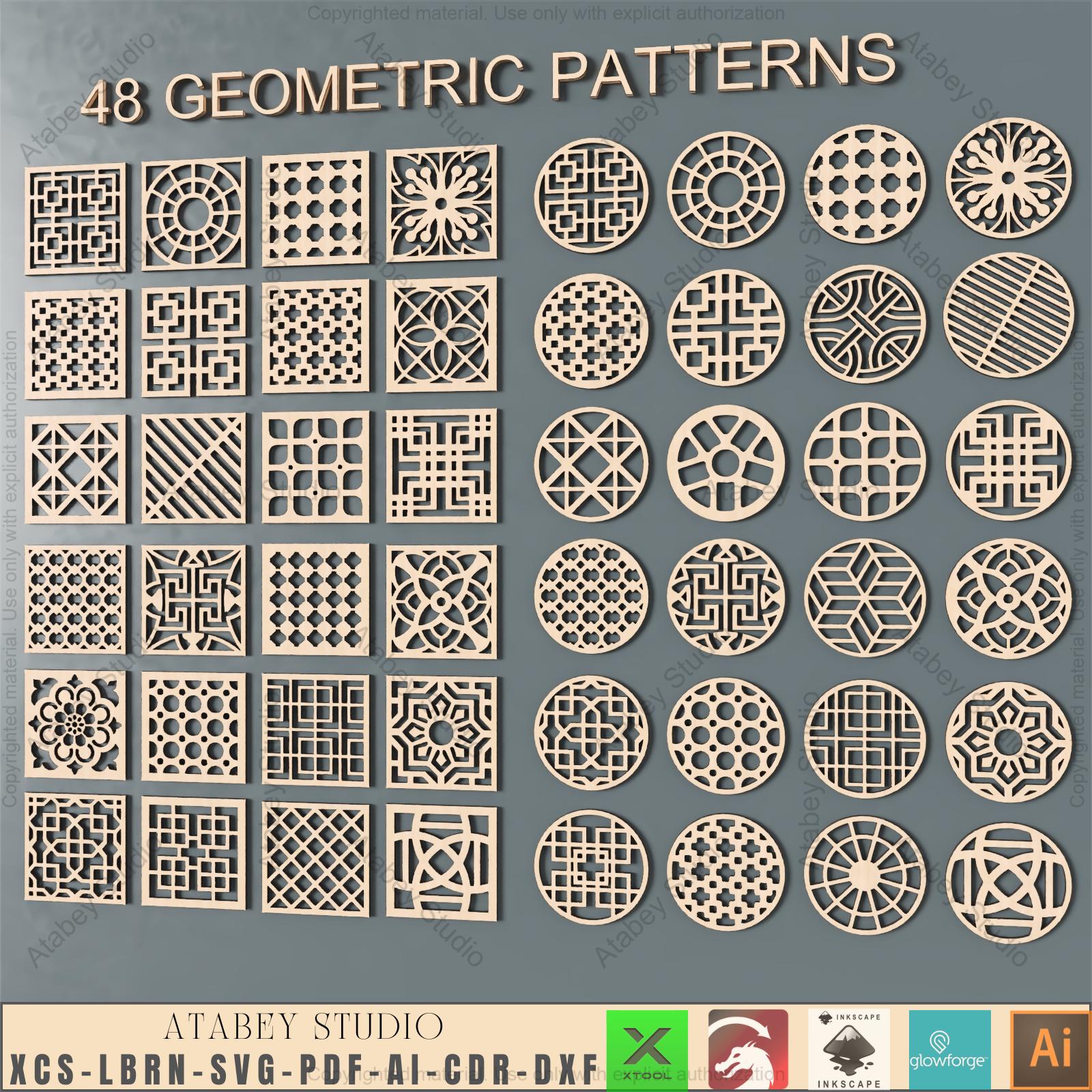 Geometric Pattern Laser Cut Templates | 48 SVG Designs in Square & Circle | Vector Bundle for Glowforge, xTool, OmTech