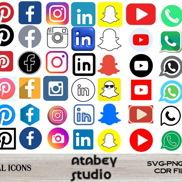 Social Media Icons / Fecebook Instagram Pinterest Logos / Youtube Snapchat Tiktok Png / Linkedin Whatsapp Vector Png Svg Pdf Ai Dxf Cdr 533