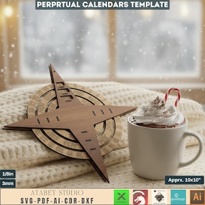 Puede incluir: Una plantilla de calendario perpetuo de madera con un diseño de estrella, con un anillo giratorio con meses y fechas. Una taza de chocolate caliente con crema batida y un bastón de caramelo está cerca. El texto "PERPRTUAL CALENDARS TEMPLATE" está en la parte superior.