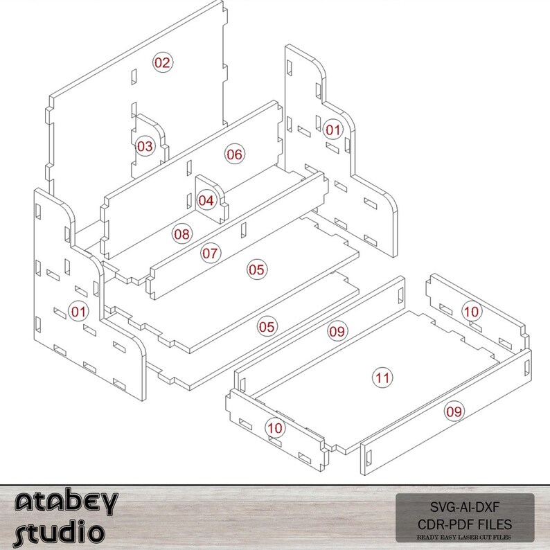 May include: Isometric view of a disassembled wooden organizer with numbered parts. The design includes a main structure with shelves, a drawer, and interlocking pieces. The image also includes the text "Atabey Studio" and "SVG-AI-DXF CDR-PDF FILES READY EASY LASER CUT FILES."