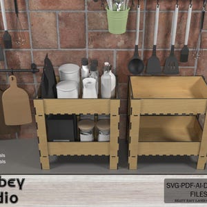 Laser Cut Storage Shelf Plans | DIY 2-Tier Utility Rack Design,DIY Wooden Kitchen Cart Organizer | Laser Cut Shelving Unit Design Files 546