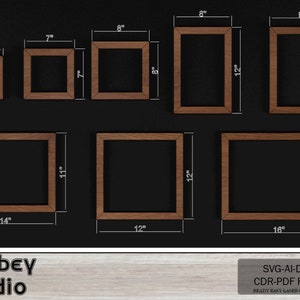 May include: A collection of seven wooden picture frames in various sizes, ranging from 4x6 inches to 16x12 inches. The frames are a warm brown color and are displayed against a black background. The image also includes the text "Atabey studio" and "SVG-AI-DXF CDR-PDF FILES READY EASY LASER CUT FILES".
