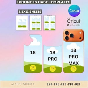May include: Digital templates for iPhone 18, 18 Pro, and 18 Pro Max cases on 8.5x11 inch sheets. The design features a blue sky, white clouds, and green hills with drag and drop icons. Includes text labels for model names and file formats.