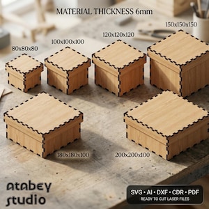 May include: Six light-colored wooden boxes with dark, interlocking finger-joint edges. The boxes are labeled with dimensions in millimeters: 80x80x80, 100x100x100, 120x120x120, 150x150x150, 180x180x100, and 200x200x100. Text reads MATERIAL THICKNESS 6mm.