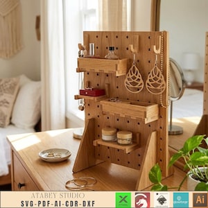 May include: A light brown wooden pegboard organiser featuring multiple removable shelves and hooks. The unit holds various small items including a red box, glass jars, and decorative wooden earrings. The structure is supported by two side panels.