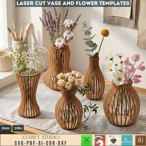Laser Cut Wooden Vases and Wildflower Templates, Layered Floral Table Decor Cutting Files 998