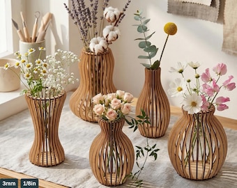 Lasergesneden houten vazen en sjablonen met wilde bloemen, gelaagde bloemen tafeldecoratie snijbestanden 998