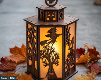 Halloween Lantern Template Spooky Wooden Candle Holder DIY Witch Tealight Box Autumn Table Decor