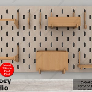 May include: A pegboard with various wooden shelves and hooks. The pegboard is made of light brown wood with black holes. The shelves and hooks are made of natural wood. The text "Material Thickness 1/4inch 1/8inch" is printed on the pegboard. The text "Atabey studio" is printed below the pegboard. The text "SVG-AI-DXF CDR-PDF FILES READY EASY LASER CUT FILES" is printed at the bottom of the image.