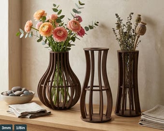 Wooden Vase Templates Set of 3 Slat Vase Designs Minimalist Table Decor Flower Stands