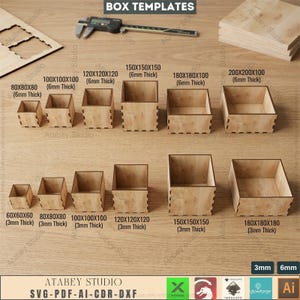 Könnte beinhalten: Eine Sammlung von Holzbox-Vorlagen in verschiedenen Größen, mit Stärken von 3mm und 6mm. Die Boxen werden mit Abmessungen in Zentimetern angezeigt, und das Bild enthält einen Messschieber und den Text "BOX TEMPLATES".