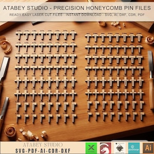 May include: Atabey Studio precision honeycomb pin files, ready easy laser cut files, instant download SVG, AI, DXF, CDR, PDF. A collection of T-shaped and L-shaped wooden pin components arranged in rows with imperial measurements labeled above each piece.