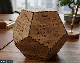 2026 Dodecahedron Desk Calendar LaserCut Wooden Geometric 12 Sided Calendar 3D Desktop Decor