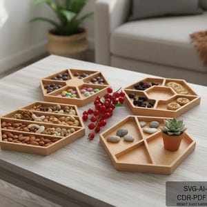 Archivo SVG de corte láser para bandeja hexagonal para aperitivos, bandeja seccional para comida, tazón para dulces y nueces, tabla de charcutería Xtool Glowforge, plano de corte 724