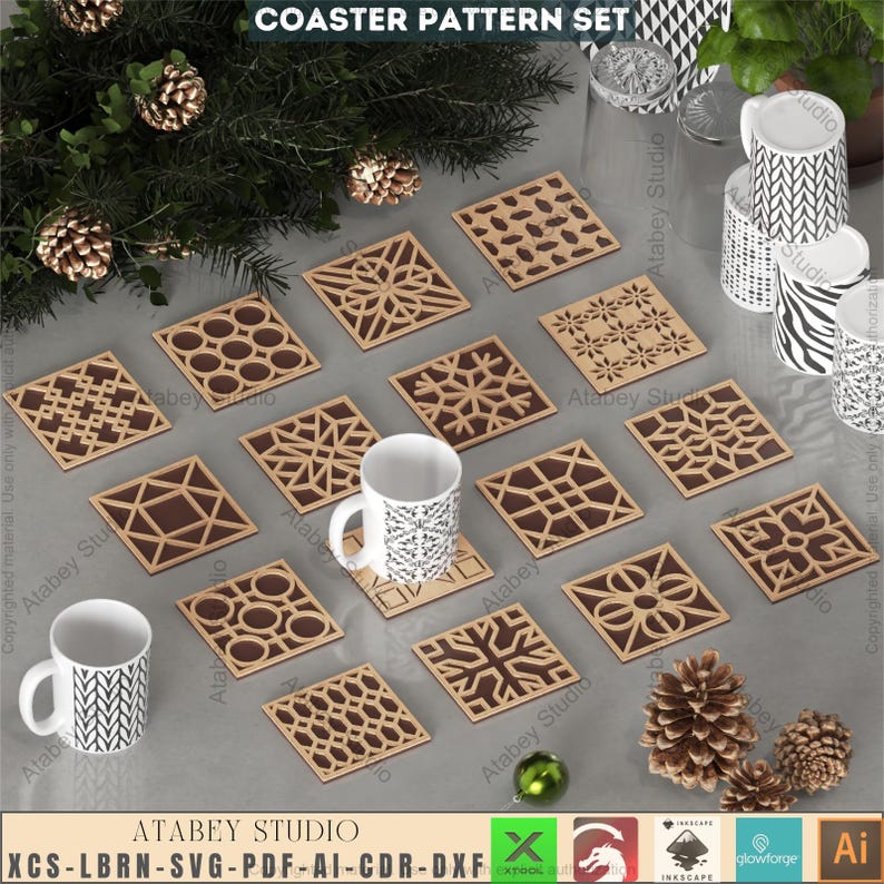 Geometric Pattern Coaster Geometric Coaster, Wall Tile SVG Bundle, 16 Modern Laser Cut Patterns ...