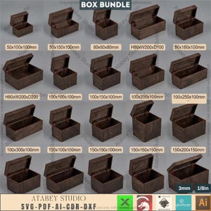 Può includere: Una collezione di scatole di legno marroni di varie dimensioni, con coperchi aperti. La scatola più piccola misura 5 cm x 10 cm x 10 cm, e la più grande 15 cm x 20 cm x 15 cm. Il testo "BOX BUNDLE" è in alto.