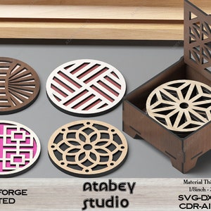 Wood Coasters With Box / Laser Ornament Box Cut files / Glowforge Drink Coaster Set / SVG, DXF, CDR Download 481 zdjęcie 2