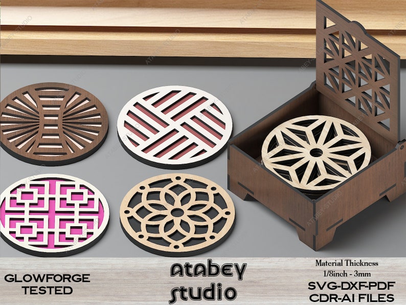 Wood Coasters With Box / Laser Ornament Box Cut files / Glowforge Drink Coaster Set / SVG, DXF, CDR Download 481 zdjęcie 2