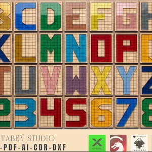 Modello per trapunta con alfabeto e numeri / Blocchi per trapunta con 26 lettere / Patchwork da 0 a 9 Svg Dxf Ai Pdf Cdr 498