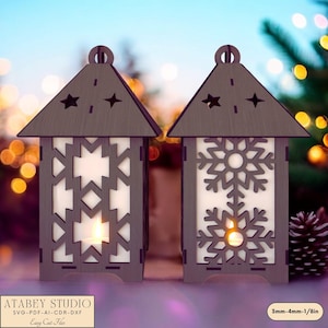 Laser Cut Christmas Lantern SVG, Snowflake & Tree Night Light File, Holiday Table Centerpiece for Glowforge, Xtool 923