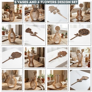 May include: A set of five wooden vases and six wooden flower decorations. The vases have an open-slat design. The flowers are intricately cut in various rose and floral patterns. The text "5 VASES AND 6 FLOWERS DESIGN SET" is at the top of the image.