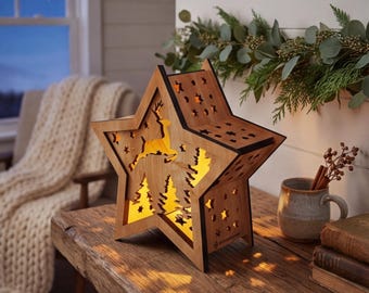 Festive Christmas Star Lamp Laser Cut Files - Candle Holder Night Light 906
